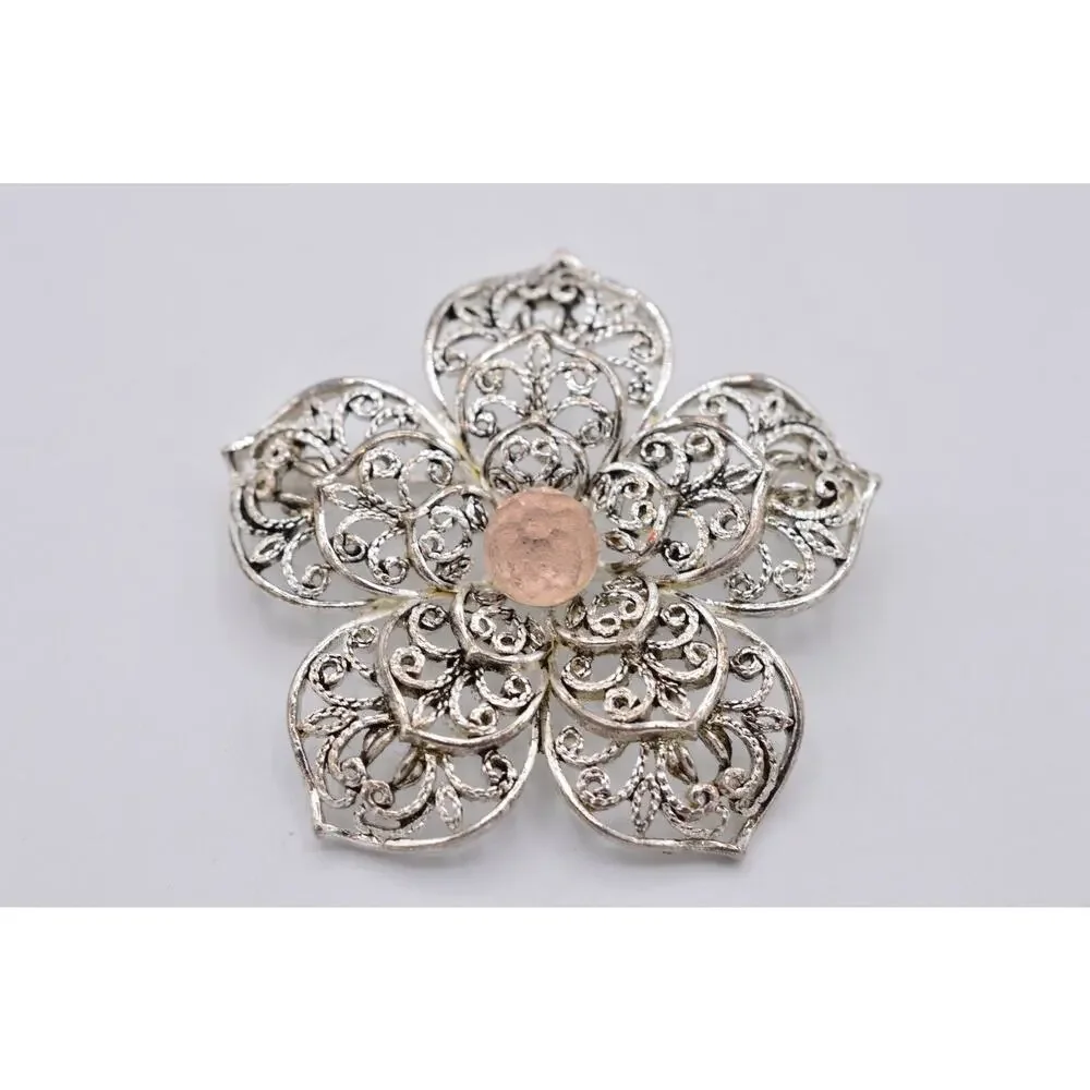 Monet Vintage Pin Brooch Silver Filigree Pink Crystal Flower Shiny Signed Bin5B